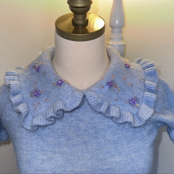 Zara Women’s S Soft Blue Peter Pan Embellished Beaded Collar Knit Sweater Top - Picture 5 of 9